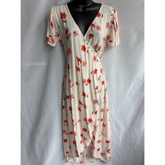 Billabong Wrap Floral Fields Midi Dress Sze XS Cream Red Flowers Prairie Cottage - Picture 1 of 11